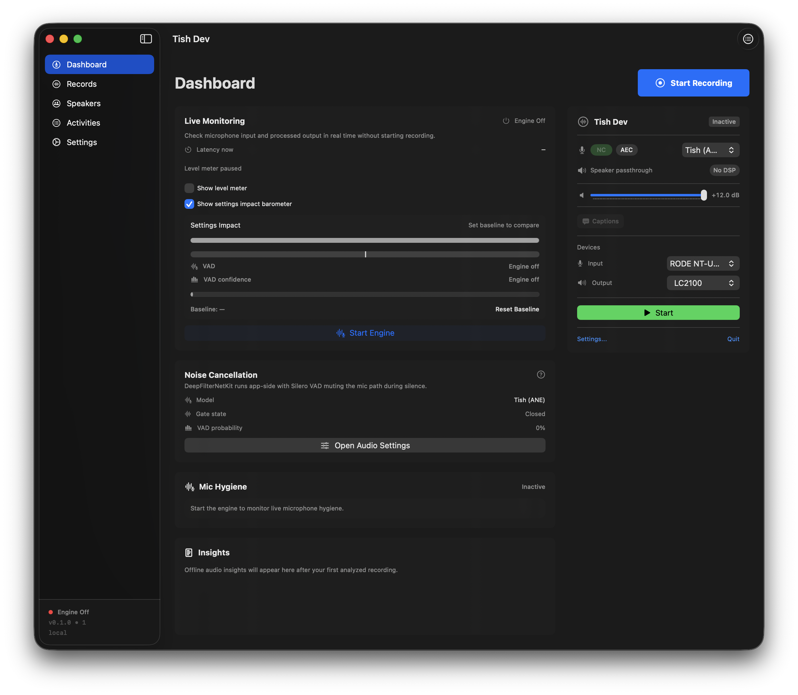 Tish dashboard with sessions, transcriptions, summaries, and recordings